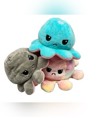 TeeTurtle Reversible Plush Octopus Mood Tie Dye Gray Pink Blue Love/Heart Break